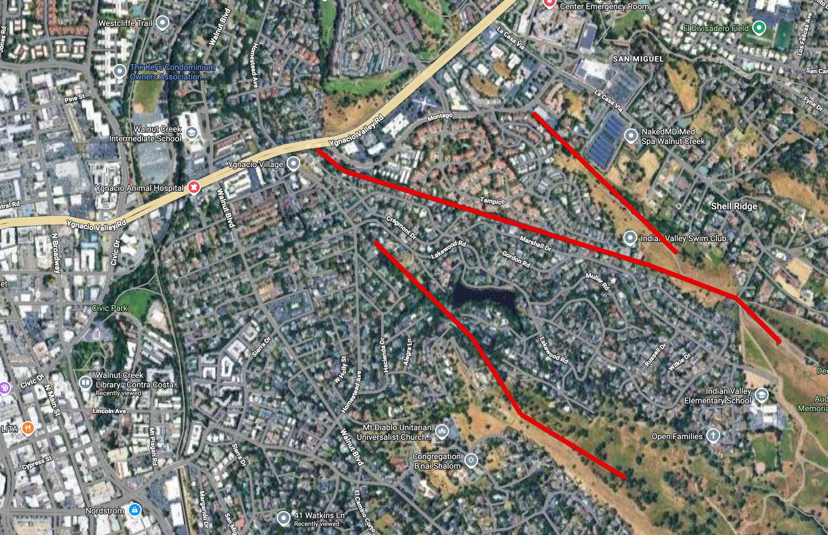 Map of southeast Walnut Creek with red lines indicating missing low-stress crossings toward Shadelands