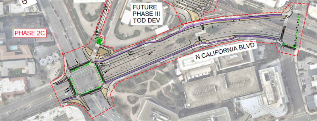 Aerial project map showing the Phase 2C project boundary along N. California Boulevard and the Ygnacio Valley Road intersection, with a future Phase III TOD development area marked to the north.