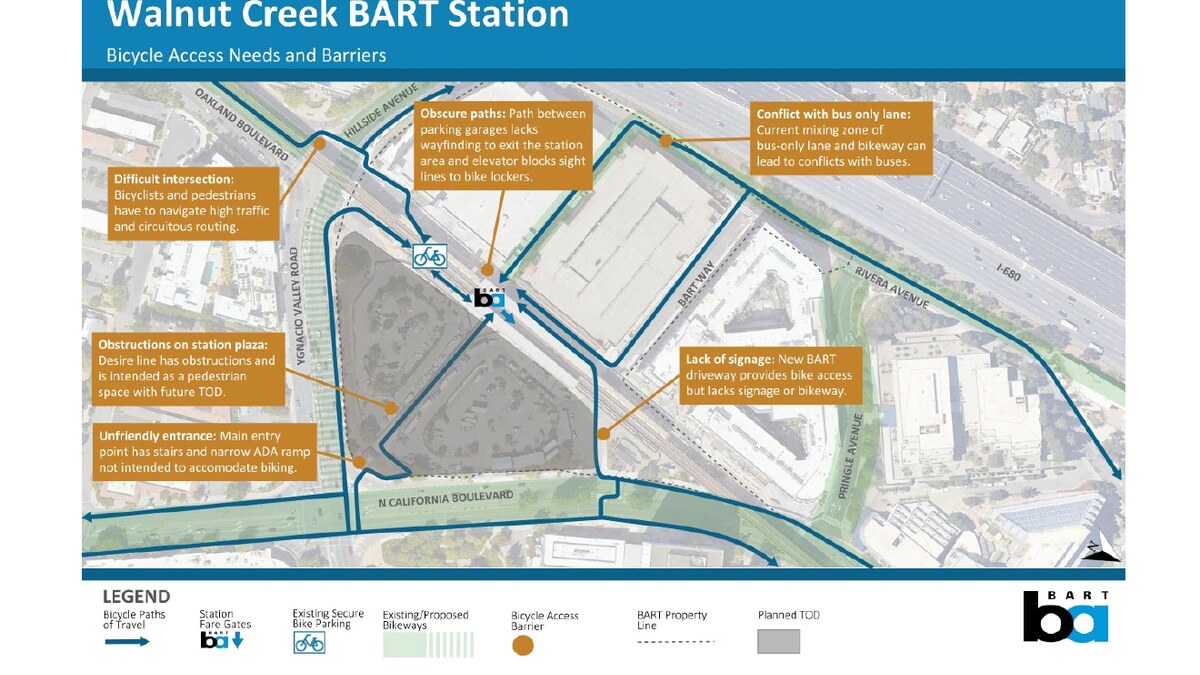 BART access needs and barriers map for the Walnut Creek BART station area near Ygnacio Valley Road.