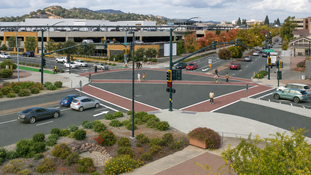 Concept rendering of the redesigned Newell Avenue, South Broadway, and Iron Horse Trail crossing with a diagonal scramble crossing.
