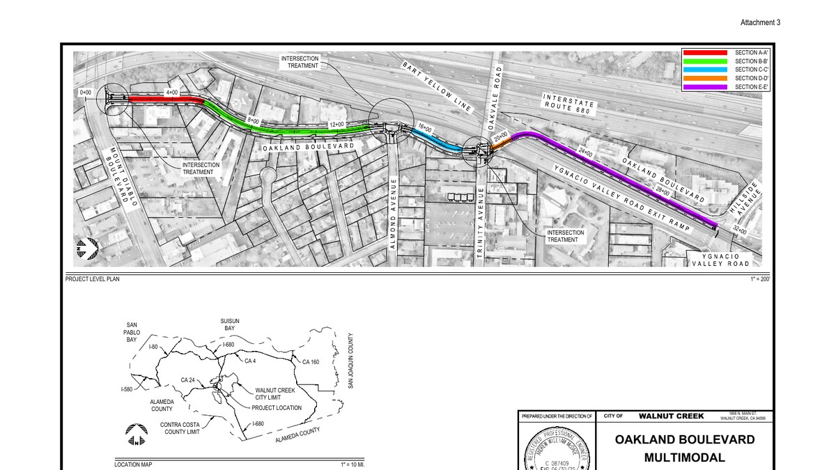 Project-level aerial plan for Oakland Boulevard multimodal improvements between Mt. Diablo Boulevard and Ygnacio Valley Road.