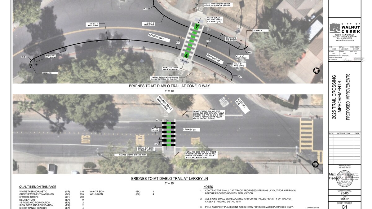 Aerial plan sheets showing trail crossing improvements with high-visibility striping and flashing beacons.