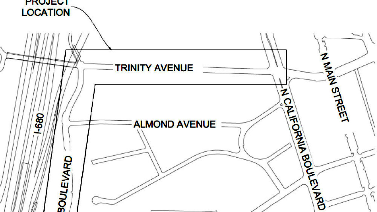 Project location map showing Trinity Avenue and Oakland Boulevard near Walnut Creek BART and downtown.