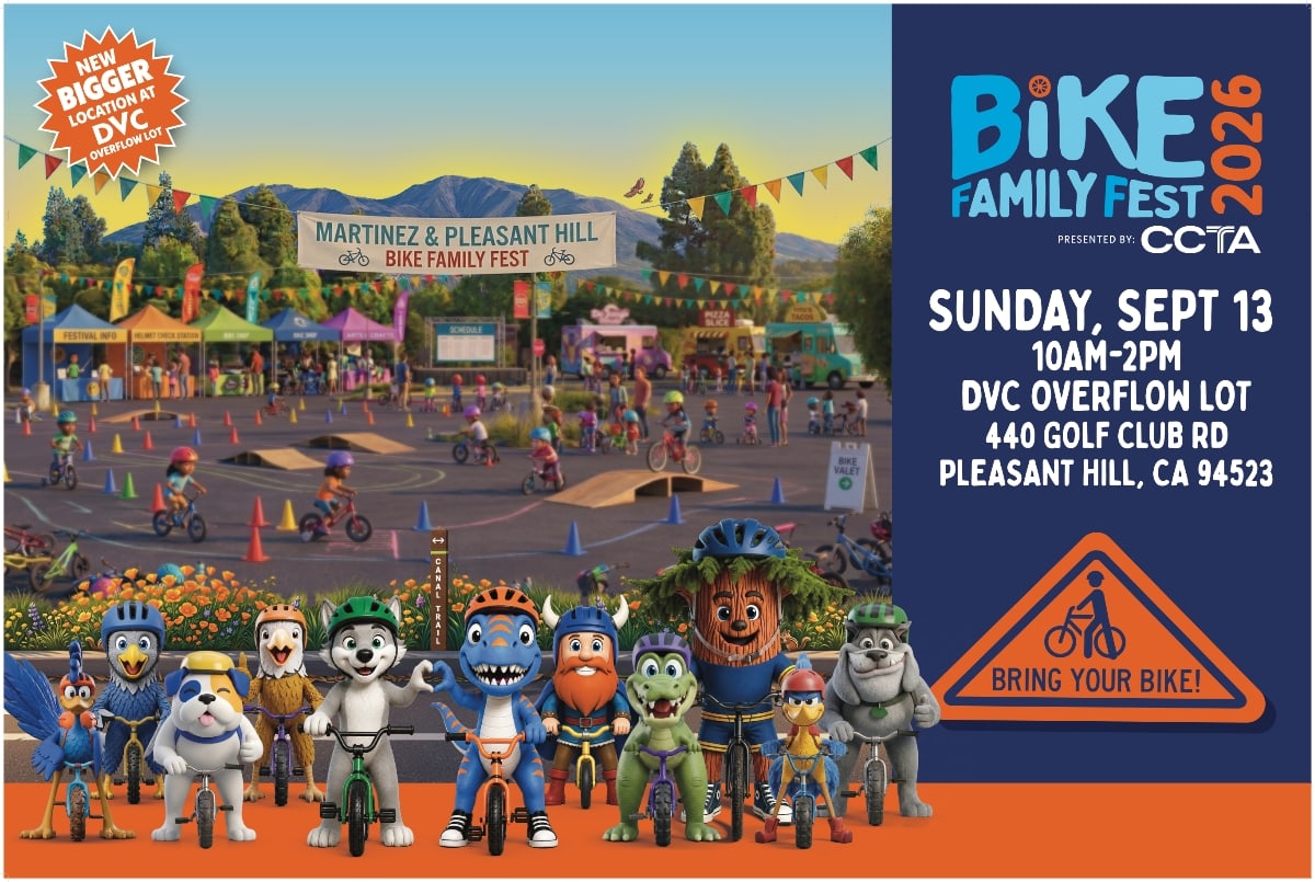 Bike Family Fest 2026 event banner with cartoon animal mascots on bikes, presented by CCTA, showing the Sunday, September 13 date, time, and DVC Overflow Lot location