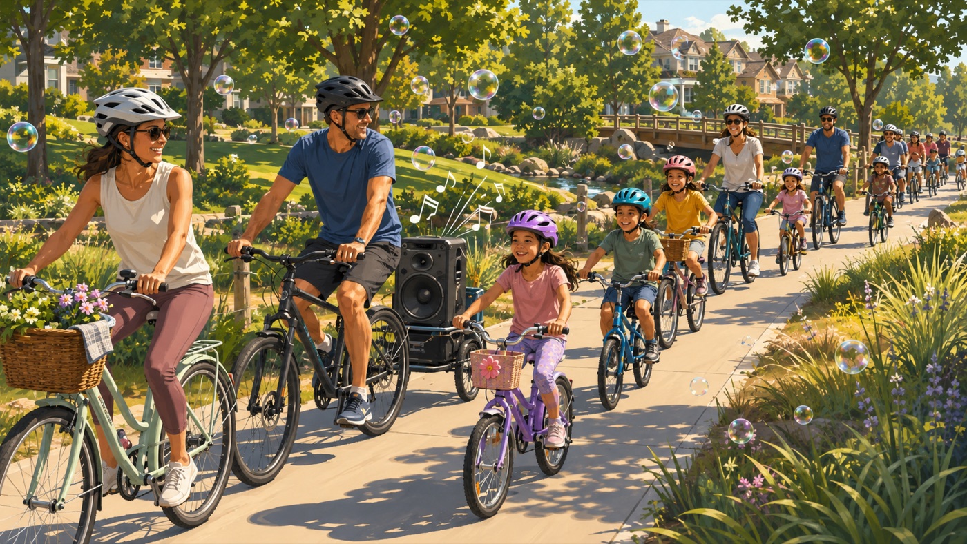 Family-friendly bike ride on a sunny path