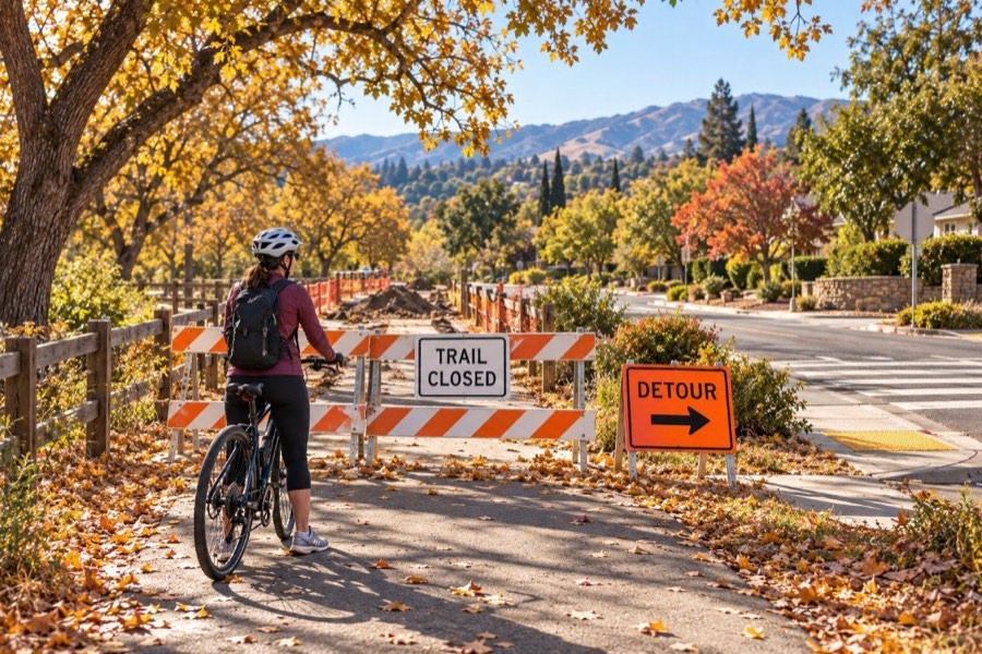 A trail closed sign and detour sign on a paved trail