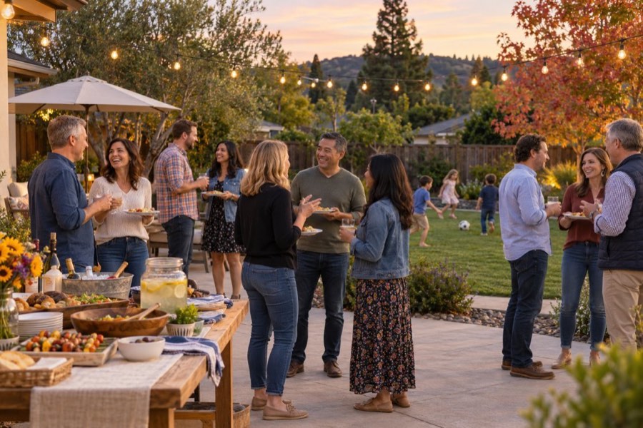 Neighbors chatting at a backyard gathering