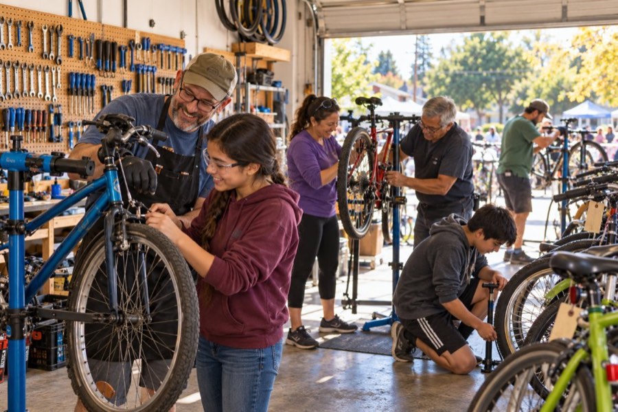 People fixing bikes on repair stands in a community workshop