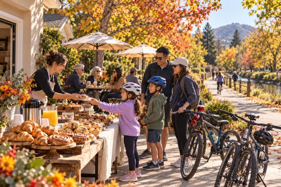 A driveway bakery by the Canal Trail with pastries and bikes parked nearby