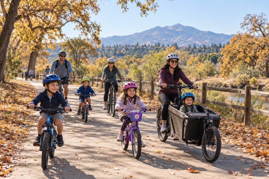Families riding bikes on a sunny autumn trail