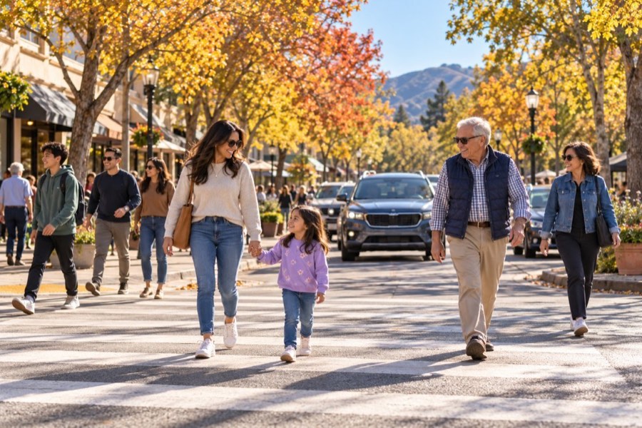 Pedestrians crossing a downtown crosswalk