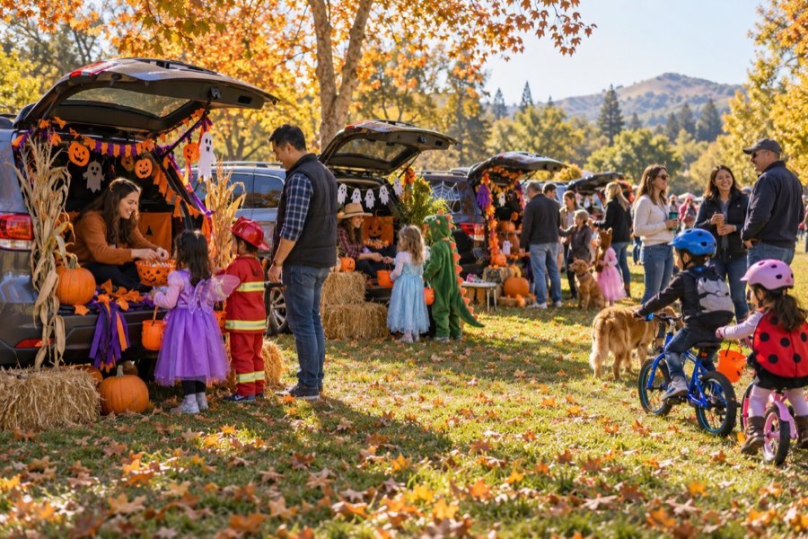 Kids in costumes at a Trunk or Treat in a park